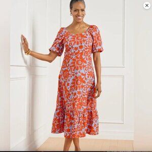 Talbots Jacobean Poplin Dress Puff Sleeve Ruffled Hem Size 12